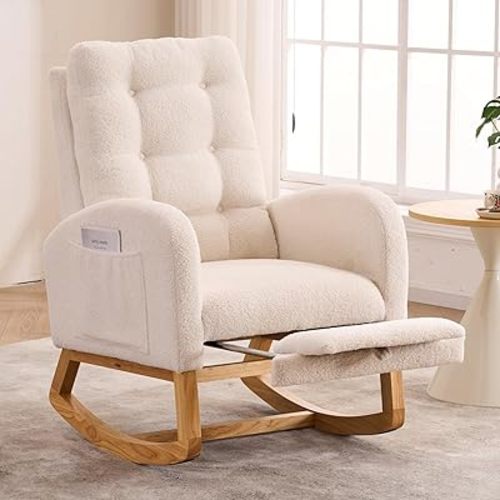 NIOIIKIT Rocking Chair Nursery, Teddy Upholstered Glider Chair with Footstool, Tufted Rocker Recliner Chair with Side Pocket, Comfy Glider Accent Chair for Living Room (Beige Teddy)