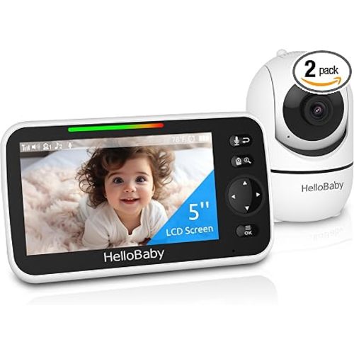HelloBaby No WiFi Baby Monitor 5" Screen 30-Hour Battery Pan-Tilt-Zoom Video Upgrade with Camera and Audio, Night Vision, VOX, 2-Way Talk, 8 Lullabies and 1000ft Range, HB6550