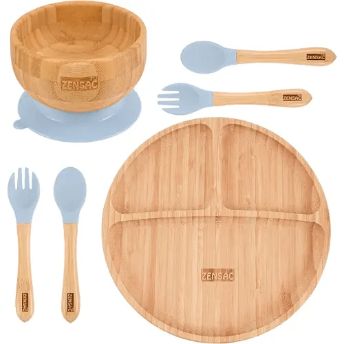 6PCS Bamboo Baby Feeding Set, Baby Suction Bowl & Plate with Silicone Spoons & Forks, Wooden Feeding Supplies for Infant & Toddlers, Baby Led Weaning Supplies Non Slip & BPA Free (Blue-Round)