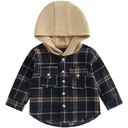 Amiblvowa Toddler Baby Boy Girl Fall Winter Clothes Flannel Hooded Plaid Shirt Jacket Button Down Shacket