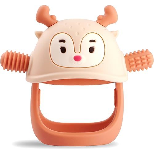 Smily Mia Teething Toys/Teethers for Babies 6-12 Months, Reindeer Baby Chew Toy 3-6 Months for Teething Relief, Get-A-Grip Baby Hand Teether, Silicone Teething Mittens for 0-6Months, Nude