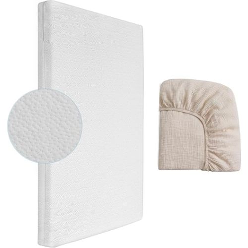 Mini Crib Mattress, 2-Stage Dual Firmness with High Density Support Foam and Cooling Gel Memory Form, 38 x 24inch Mini Mattress for Crib with Beige Muslin Sheet for Replacement, White