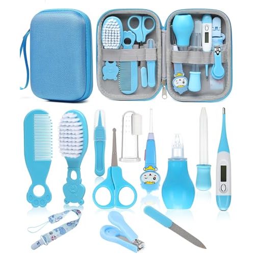 Baby Healthcare and Grooming Kit, Safety Newborn Nursery Baby Care Kit, with Hair Brush Comb, Nail Clipper, Thermometer, Pacifier Clip, Baby Registry Search, Newborn Essentials Girls Boys (Blue)