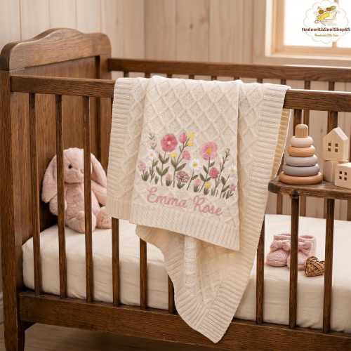 Embroidered Name Blanket with Wildflowers Blanket, Baby Girl Shower Gifts, Welcome Baby Blanket, Nursery Keepsake, Newborn Gift For Baby