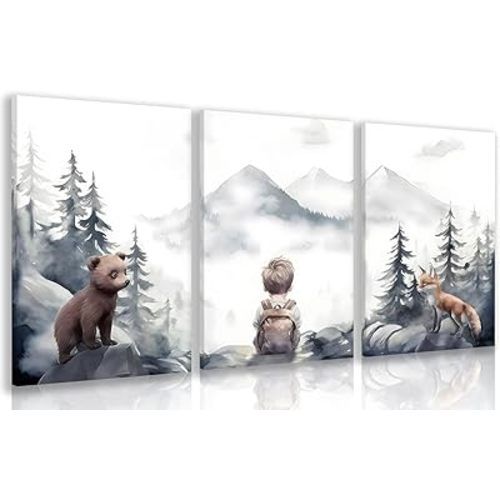 kilamino Neutral Woodland Wild Animal Wall Art, Cute Bear Fox Nursery Wall Decor, Adventure Boy Poster Prints, Vintage Forest Animal Canvas Paintings for Baby Room Classroom Playroom Framed 12"x16"x3