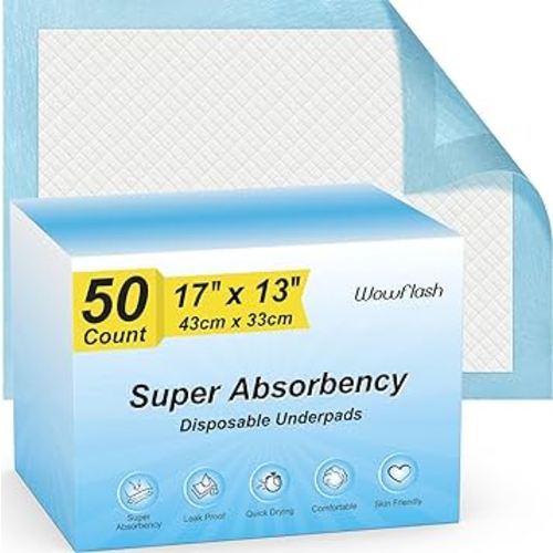50 Count Super Absorbency Disposable Underpads, Leakproof Quick Drying Disposable Pads for Baby, Puppy and Adults, Disposable Changing Pads for Baby, Disposable Diaper Changing Pads, 17” x 13”