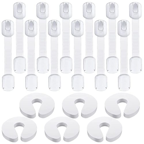 12 Pcs Child Safety Locks No Drilling Baby Proofing Cabinet Latches Multi Use Adjustable Adhesive Straps Locks and 6 Pcs Door Pinch Guard and Door Slam Stopper