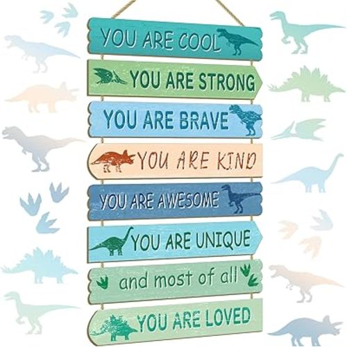 Boys Kids Space Dino Game Rainbow Affirmation Wall Decor Art For Toddler & Baby Nursery Room Wood Signs & Decorations, Dinosaur