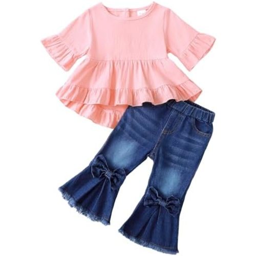 Kucnuzki Toddler Baby Girls Clothes Short Sleeve Shirt Top Flare Denim Jeans 2 Piece Outfits For Girls Cute Clothing Set