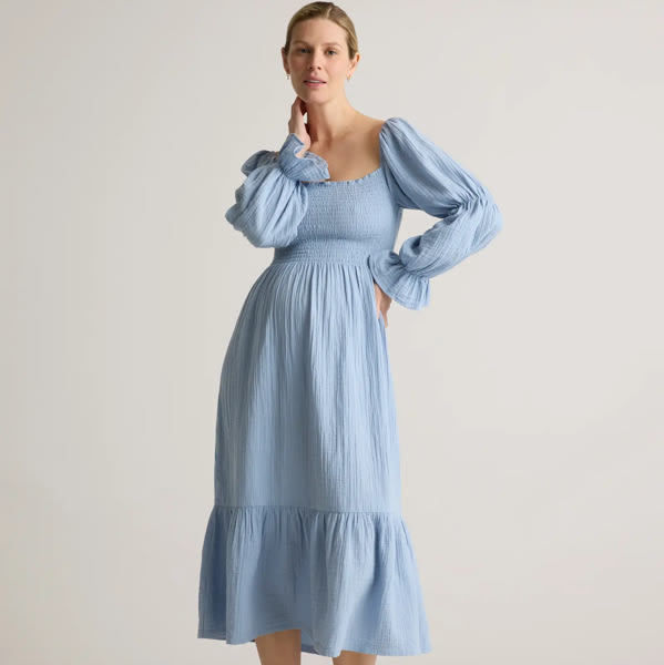 100% Organic Cotton Gauze Maternity Smocked Midi Dress in Ocean Breeze