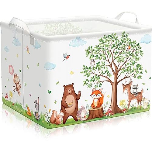 TREWAVE Baby Storage Basket Woodland Animals Gift Basket with Handles Rectangular Collapsible Clothes Towel Toys Bin Bookshelf Organizer for Baby Shower Room Nursery Decor