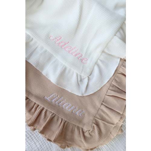 Embroidered Waffle Knit Ruffled Blanket
