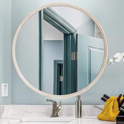 30 Inch Round Mirror, Natural Wood Mirror, Wall Circle Mirrors, Large Wood Frame Mirror, Round Mirrors for Wall Decor, Bathroom Mirror, Nursery Mirror