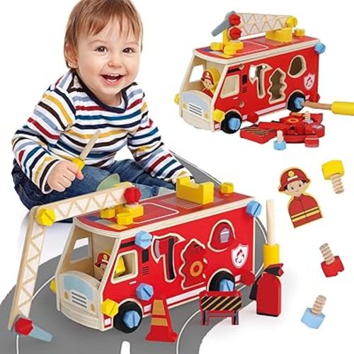 Wooden Fire Truck Toy – Take-Apart STEM Vehicle with Firefighter Tools & Shape Sorting, Montessori Educational Gift for Toddlers Boys Girls Ages 3+