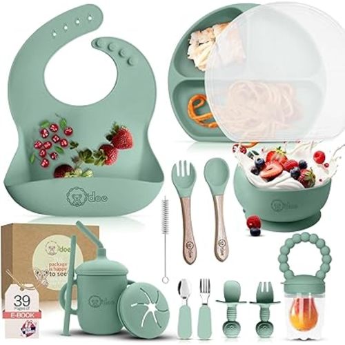 O'doe 17 Pcs Baby Led Weaning Feeding Supplies for Toddlers, Baby Feeding Set | Suction Silicone Baby Bowl Self Eating with Fruit Feeder, Cup, Bibs, Food Plate Kit with Lid 6+ Months | Green, V2