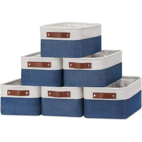 DULLEMELO Set of 6 Small Baskets for Organizing, Small Fabric Storage Bins for Toys Storage, Collapsible Storage Bins with Leather Handles for Shelves, Closets, Laundry, Nursery(White&Blue)