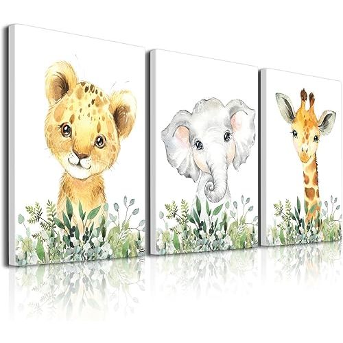 Baby Safari Nursery Wall Decor - Set of 3 Pictures Cute Animal Wall Prints on Canvas Jungle Nursery Safari Decor gifts for Baby Boys and Girls Room, Framed Wall Art (12 x16inch)