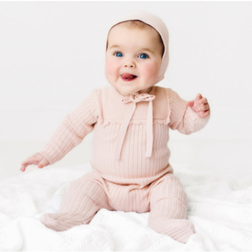 Scallop Trimmed Rib Knit Romper & Bonnet I Newborn Layette with Hat | Feltman Brothers