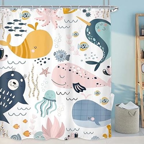LGhtyro Cartoon Whale Shower Curtain Bathroom Set 60Wx71H Inches Kids Fish Baby Ocean Animals Underwater Sea Boys Girls Child Bath Accessories Coral Plant Jellyfish Art Home Decor Fabric 12 Pack Hooks