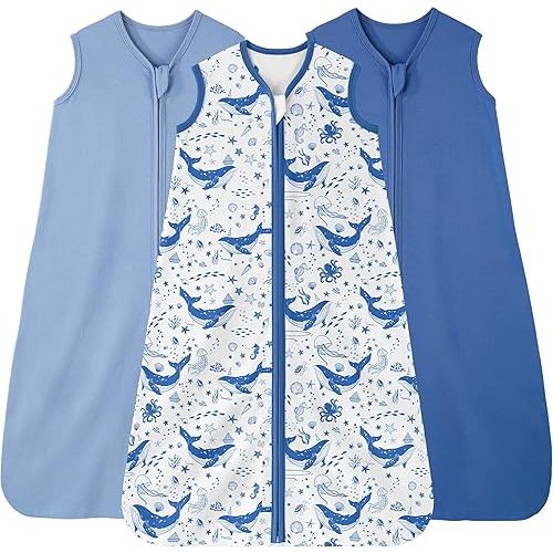 Baby Sleep Sack 0-6 months, 100% Cotton Sleeping Sack for Newborn and Infant, 3 Pack Baby Wearable Blanket, 0.5 Tog Lightweight Double Zipper Sleep Bag Blue Whale