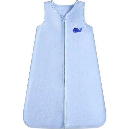 DaysU Micro Fleece Baby Sleep Sack 0-6 Months, 1.0 TOG Baby Sleeveless Wearable Blanket with 2-Way Zipper, Sleeping Bag for Baby Boy, 1 Pack, Light Blue Whale