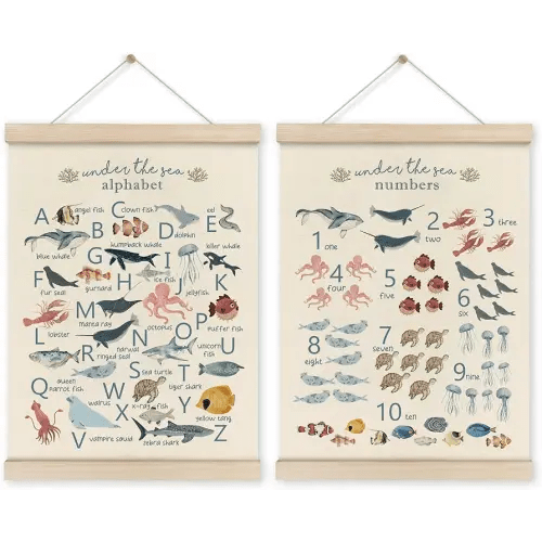 HRQKO Ocean Alphabet Poster Hanger Frame Set of 2, Ocean Nursery Decor, Sea Animal Wall Decor, ABC Poster Art with Wooden Frames, Alphabet Banner Wall Hanging Decor for Playroom Kids Room,12x16 Inch