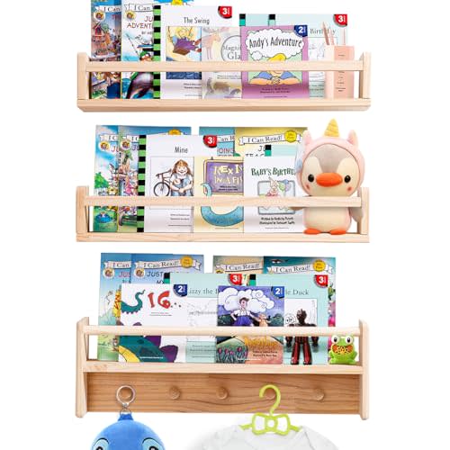 AZSKY Nursery Wood Bookshelves for Wall Floating Book Shelves for Kids Room 24 Inch Natural Hanging Bookshelf Baby Nursery Shelves Wall Mounted Bathroom Organizer Wall Shelf a Set of 3