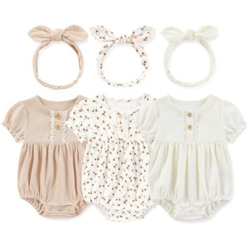 Newborn Baby Girl Clothes Cotton Bubble Romper Floral Short Sleeve Bodysuit 3 Pack