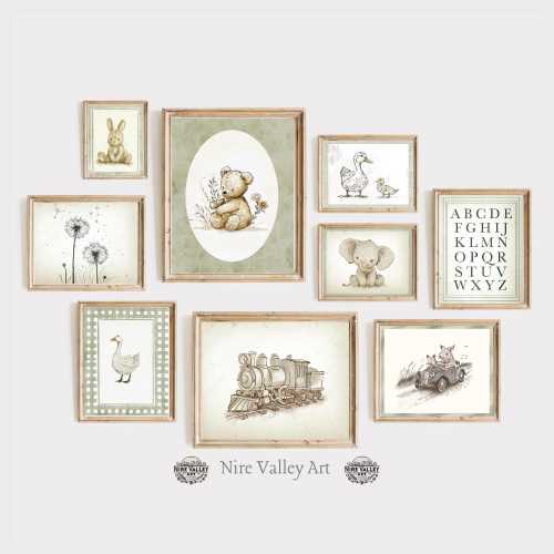 Vintage Nursery Sage Green Prints, Set of 9 Vintage Gallery Wall Printables, Neutral Baby room Art, Digital Download