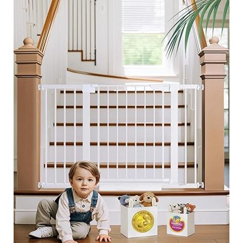 Cumbor 29.7-48" Baby Gate for Stairs, Mom's Choice Awards Winner-Dog Gates for Doorways, Auto Close Safety Pet Gate for Dogs Indoor, Easy Install Pressure Mounted Child Gate with Walk Thru Door, White