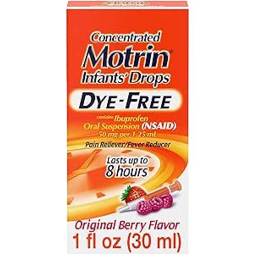 Motrin Infants' Oral Suspension Concentrated Liquid Medicine Drops with Ibuprofen, NSAID Fever Reducer & Pain Reliever for Babies, Dye Free, Alcohol-Free, Original Berry Flavor, 1 fl. oz