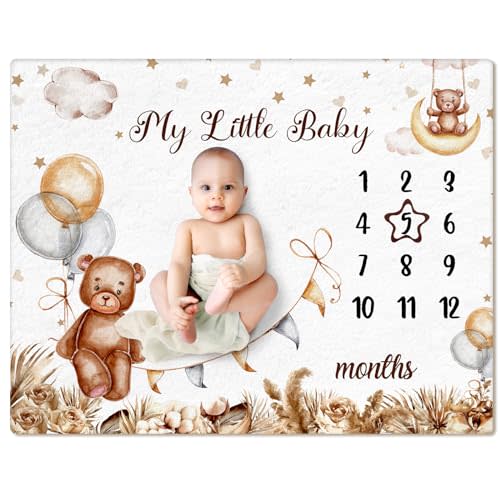 Mindsoft Boho Sleeping Bear Monthly Baby Milestone Blanket Brown Bear Balloon Flannel Blanket Boy Newborn Infant Swaddle Blanket Growth Chart Baby Blanket with Frame for Boys Girls Nursery