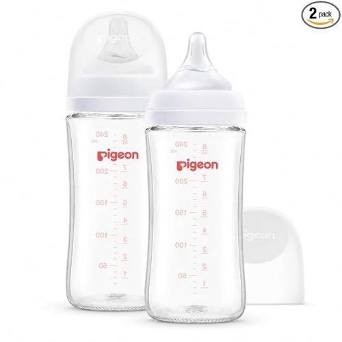 Pigeon Glass Baby Bottles Wide Neck, 8.1 Oz, Pack of 2 | Borosilicate Glass, Anti-Colic Bottle, Natural Feel, Safe Feeding, Easy to Clean, Includes 2pcs M Nipples (3M+)