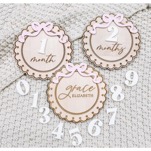 Baby Monthly Milestone Discs, Baby Name Sign for Hospital, Baby Girl Milestone Cards Bow Hospital Name Sign, Bow Milestone Cards, Pink Bow