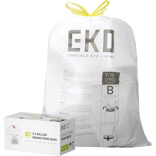 EKO Easy-Dispense Roll 80 Count Extra-Strong Drawstring Small Trash Bag, 2.6 Gallon Trash Bag (7-10L) 1 Pack White, Code B