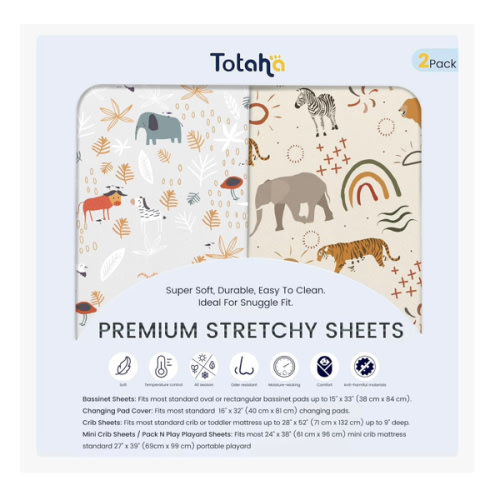 TotAha Jungle Animal Mini Crib Sheet, Premium Stretch Fitted Portable Mini Cribs Playards Sheets, Ultra Soft Breathable Jersey Knit Pack N Play Sheet 24x38x5, 2 Pack