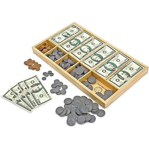Melissa & Doug Play Money Set - Educational Toy with Paper Bills and Plastic Coins (50 of Each Denomination) and Wooden Cash Drawer for Storage