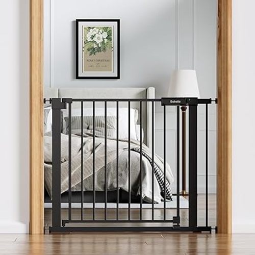 Babelio Baby Gate for Doorways and Stairs, 36-41" Pet Gate with Wide Walk Thru Door and Lock Indicator, No Drill Pressure Mounted Safety Gate with Double Lock and Self-Closing, Black