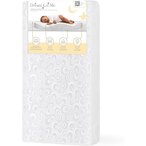 Dream On Me 2-in-1 Breathable Two-Sided 3" Portable Mini Crib Mattress, Greenguard Gold Certified, Vinyl and Breathable Fabric, White