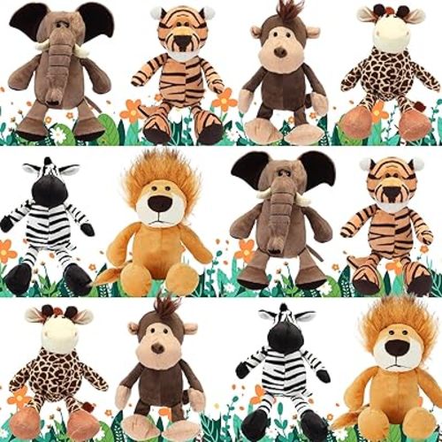 HyDren 12 Pieces Safari Stuffed Animals 8 Inch Jungle Animal Toys Set Boys Girls Plush Forest Animals Lion Elephant Zebra Giraffe Tiger Monkey for Zoo Animal Party Teacher Student Award