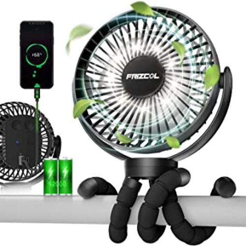 Portable Stroller Fan 65 Working Hours, Small Fan with LED Lights, 12000 Capacity Battery Operated Fan with Tripod Legs, Rechargeable USB Fan, Peloton Fan for Treadmill, Camping, Travel, Bed(Black)