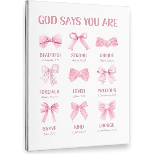 PHAMTE Coquette Pink Bow Christian Wall Art Decor Canvas, God Says You Are Inspirational Pictures Wall Decor Decorations Art, Preppy Bible Verse Framed Prints Artwork for Girly Room Bedroom Dorm 11x14