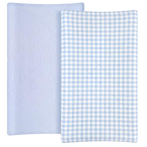 Frienda 2 Pack Blue Gingham Changing Pad Covers Waterproof Muslin Changing Pad Covers 32 x 16 Inch Coquette Quilted Cotton Fitted Diaper Sheet Breathable Extra Thick Sheets for Baby Boys