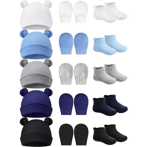Geyoga Newborn Baby Hat Bear Ears Mittens and Socks Set for 0-6 Month