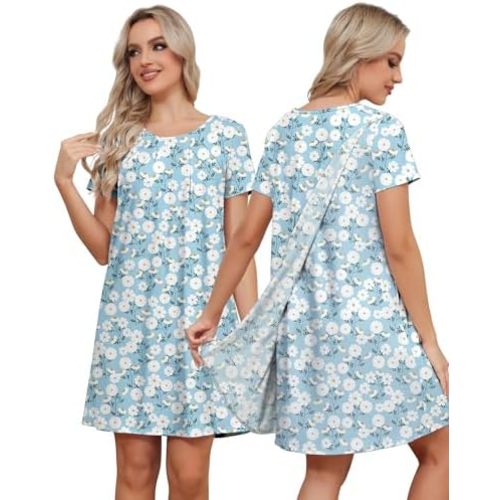 Women Tear Away Open Back Snap Dress Post Shoulder Surgery Hospital Gown Chemo Short Sleeve Adaptive Clothing
