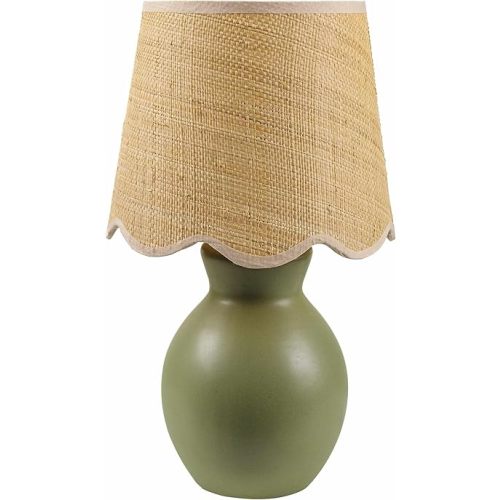Salgareda Boho Ceramic and Jute Bedside Table Lamp for Bedroom Nightstand - End Side Lighting for Living Room - Shade Rattan - Green, Olive, Beige - 15" H