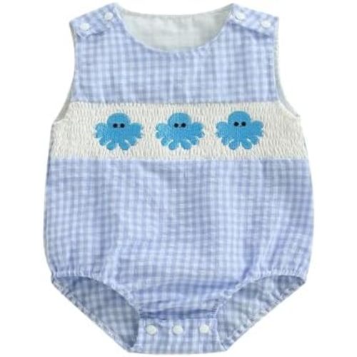 Newborn Boy Turtle Romper Sleeveless Seersucker Stripe Overalls Gingham Plaid Octopus Bodysuit Baby Summer Clothes