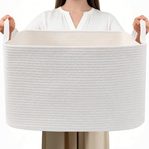 65L Laundry Basket with Handles, Woven Blanket Basket, White/Brown