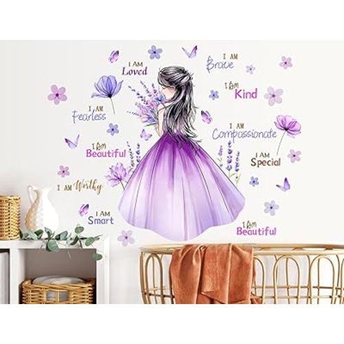 Butterfly Girl Wall Decal Flower Fairy Princess Wall Stickers Inspirational Quote Purple Lavender Floral Vinyl DIY Removable Peel and Stick Nursery Wall Decor for Kids Baby Bedroom Decoration DT-8617