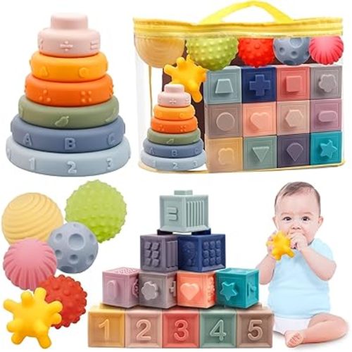 Jouets sensoriels Montessori pour bébés de 6 à 12 mois - Blocs de construction empilables 3 en 1 - Jouets de dentition doux pour bébés de 3 à 6 à 9 à 12 mois - Garçons et filles